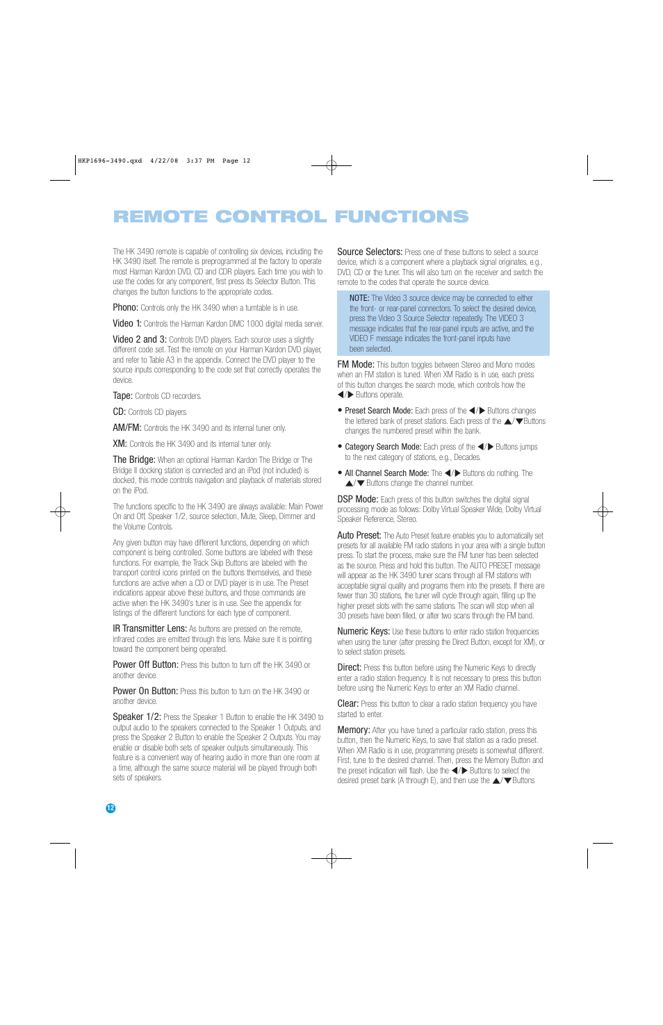 Remote control functions | Harman-Kardon HK3490 User Manual | Page 12 / 32