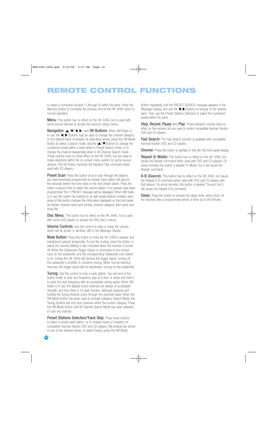 Remote control functions | Harman-Kardon HK3490 User Manual | Page 14 / 32