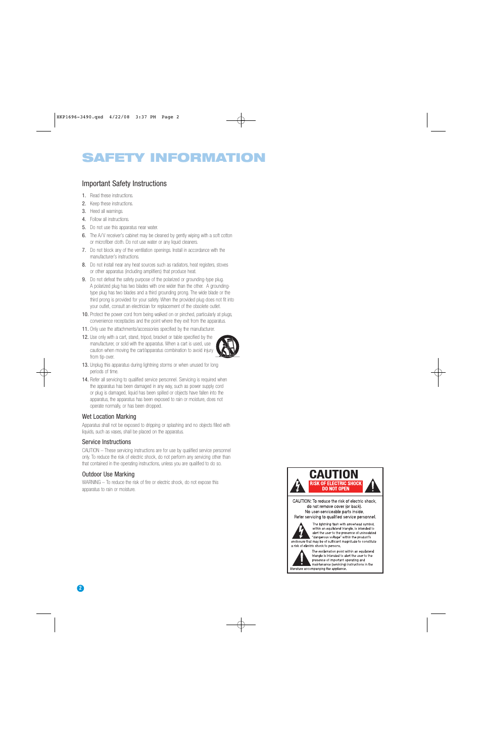 Safety information, Important safety instructions | Harman-Kardon HK3490 User Manual | Page 2 / 32