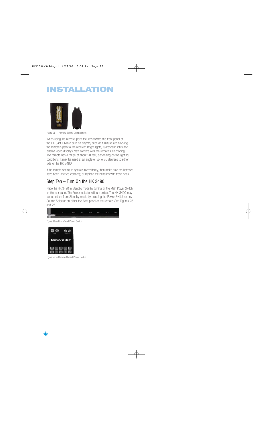 Installation, Step ten – turn on the hk 3490 | Harman-Kardon HK3490 User Manual | Page 22 / 32