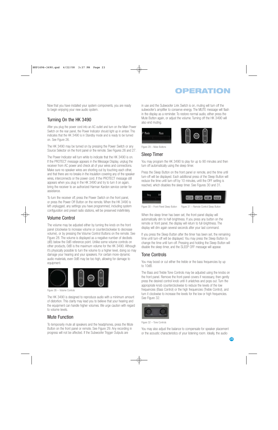 Operation, Turning on the hk 3490, Volume control | Mute function, Sleep timer, Tone controls | Harman-Kardon HK3490 User Manual | Page 23 / 32