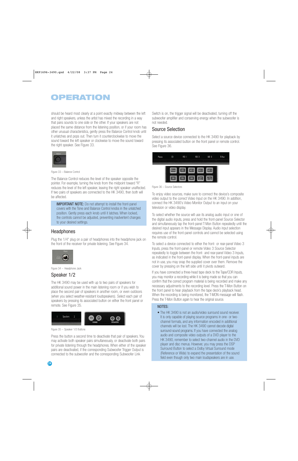 Operation, Headphones, Speaker 1/2 | Source selection | Harman-Kardon HK3490 User Manual | Page 24 / 32