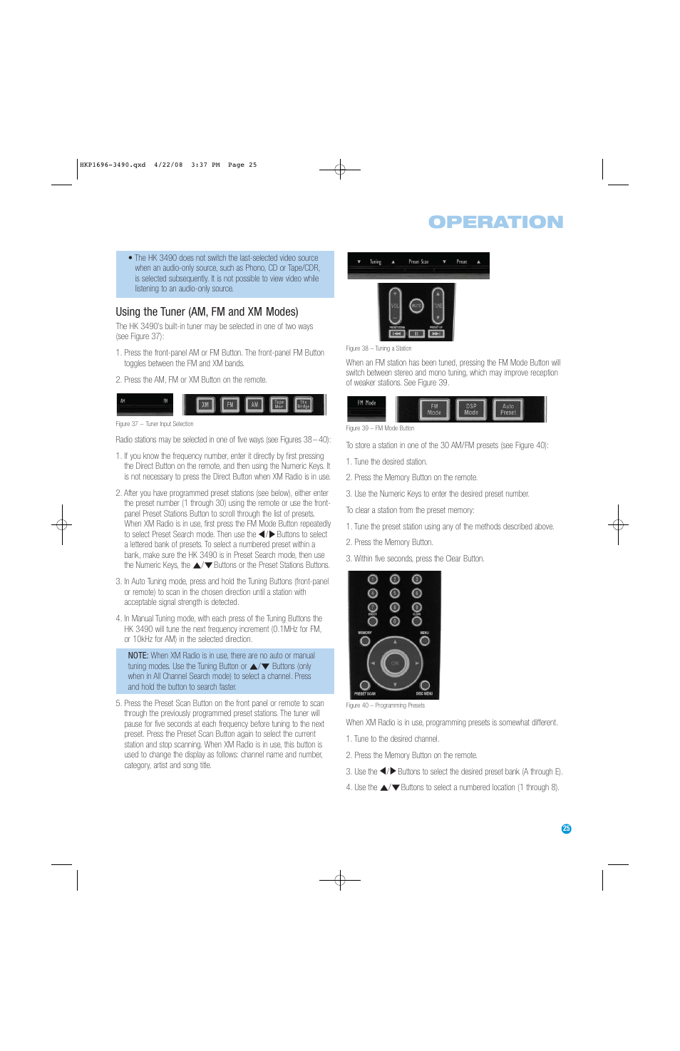 Operation, Using the tuner (am, fm and xm modes) | Harman-Kardon HK3490 User Manual | Page 25 / 32