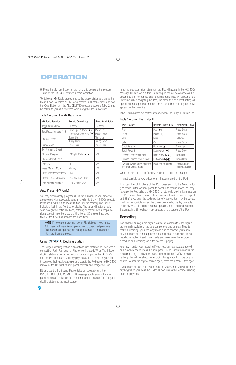 Operation, Recording | Harman-Kardon HK3490 User Manual | Page 26 / 32