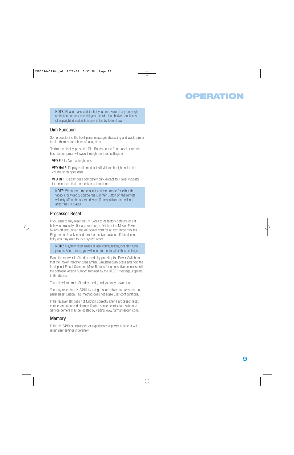 Operation | Harman-Kardon HK3490 User Manual | Page 27 / 32