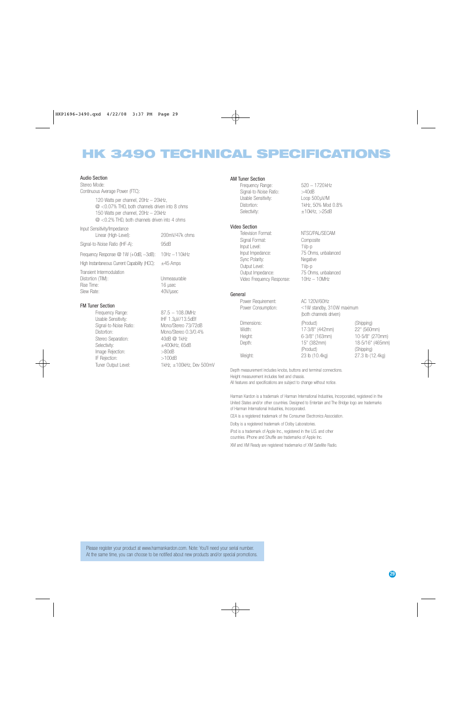 Hk 3490 technical specifications | Harman-Kardon HK3490 User Manual | Page 29 / 32