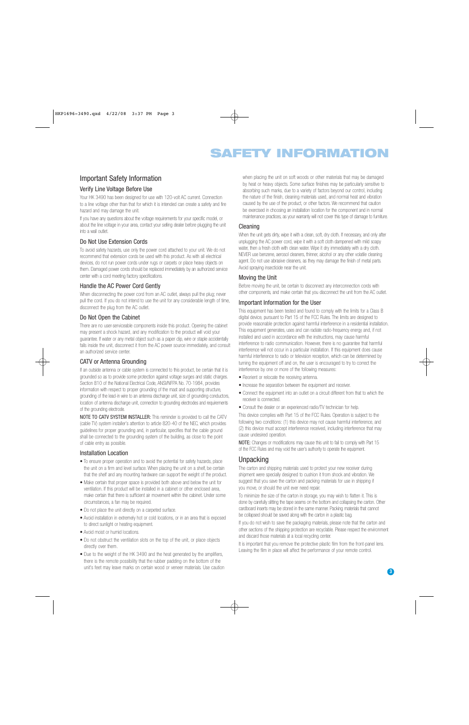Safety information, Important safety information, Unpacking | Harman-Kardon HK3490 User Manual | Page 3 / 32