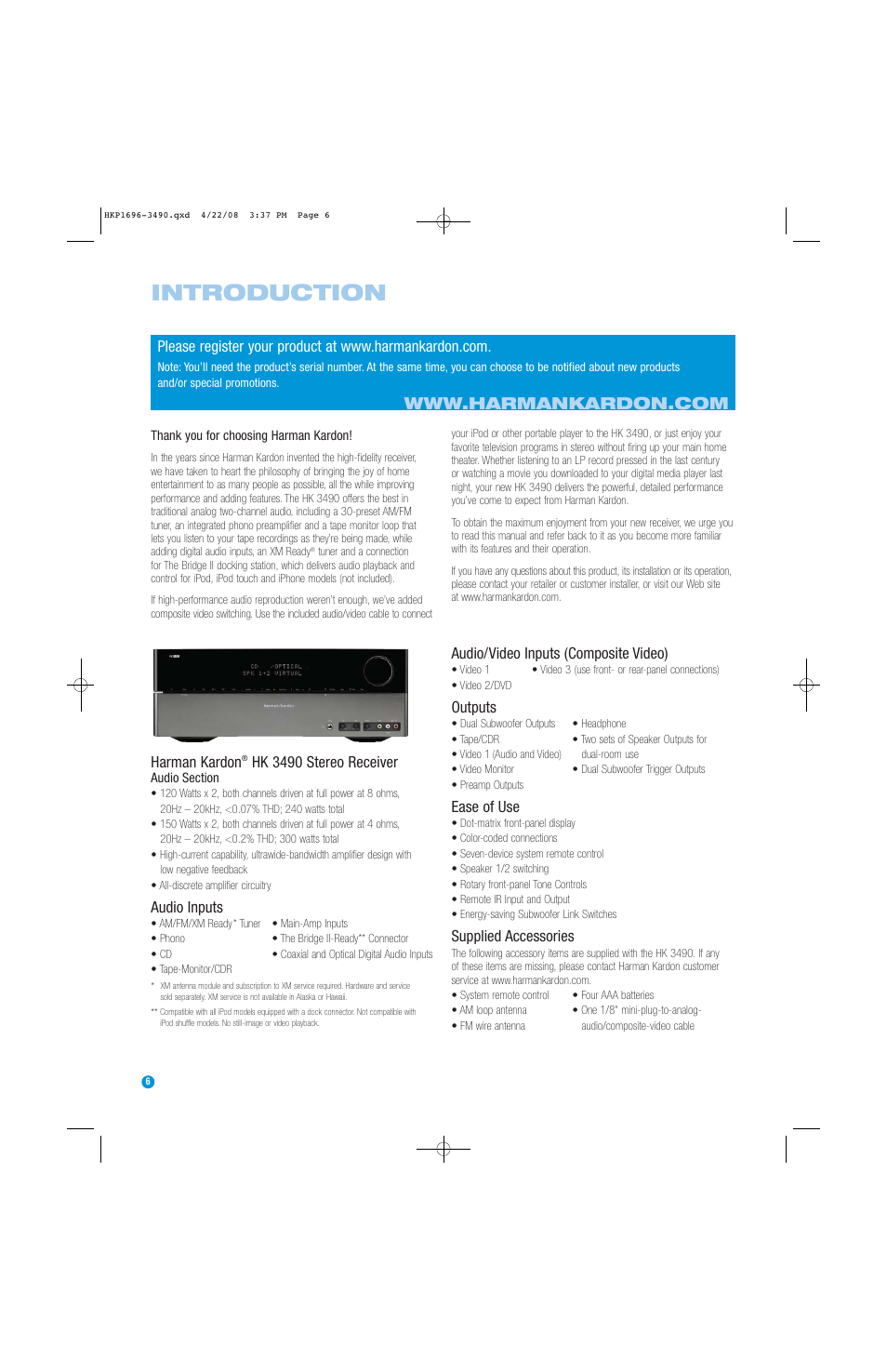 Introduction | Harman-Kardon HK3490 User Manual | Page 6 / 32