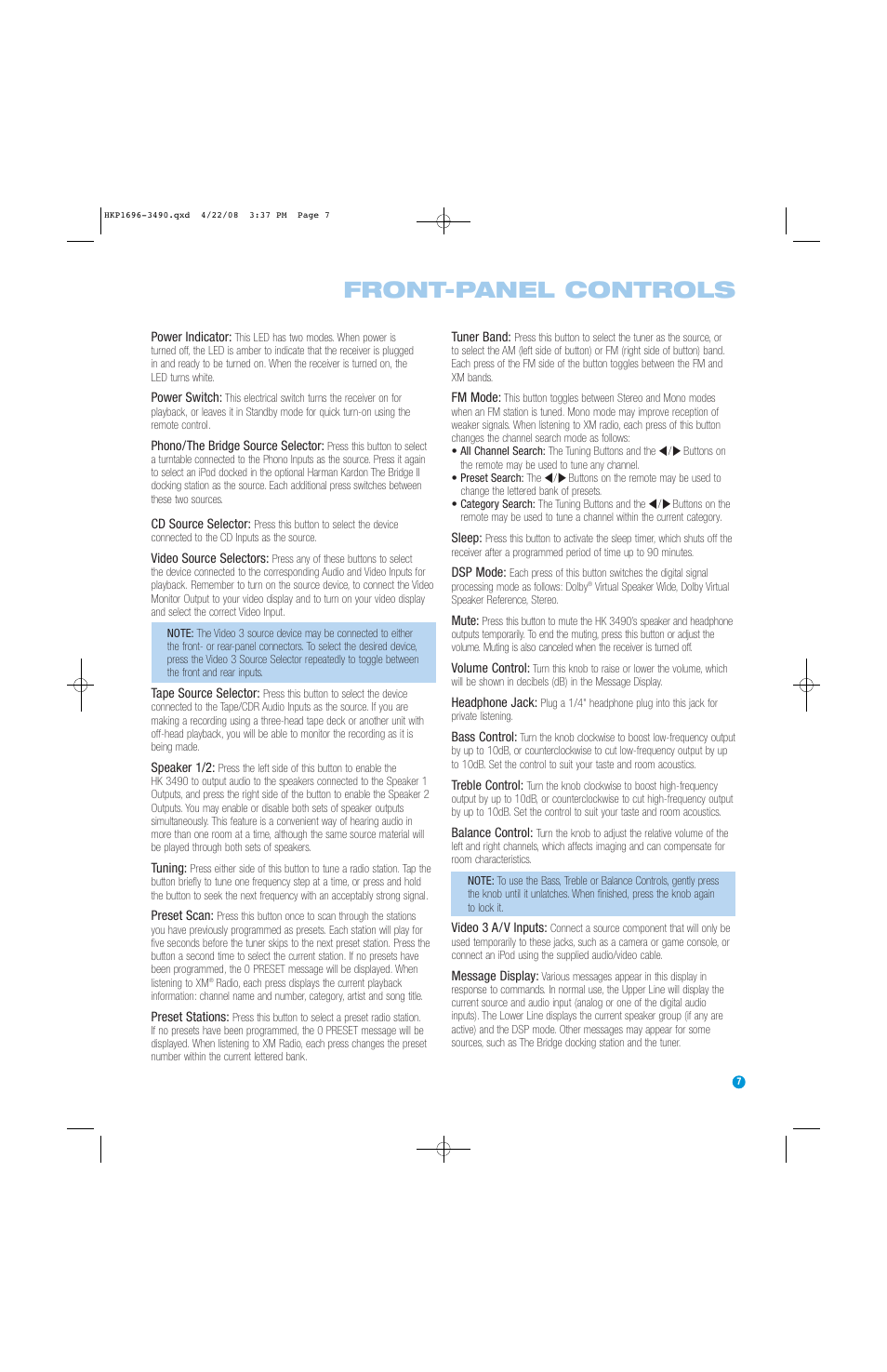 Front-panel controls | Harman-Kardon HK3490 User Manual | Page 7 / 32