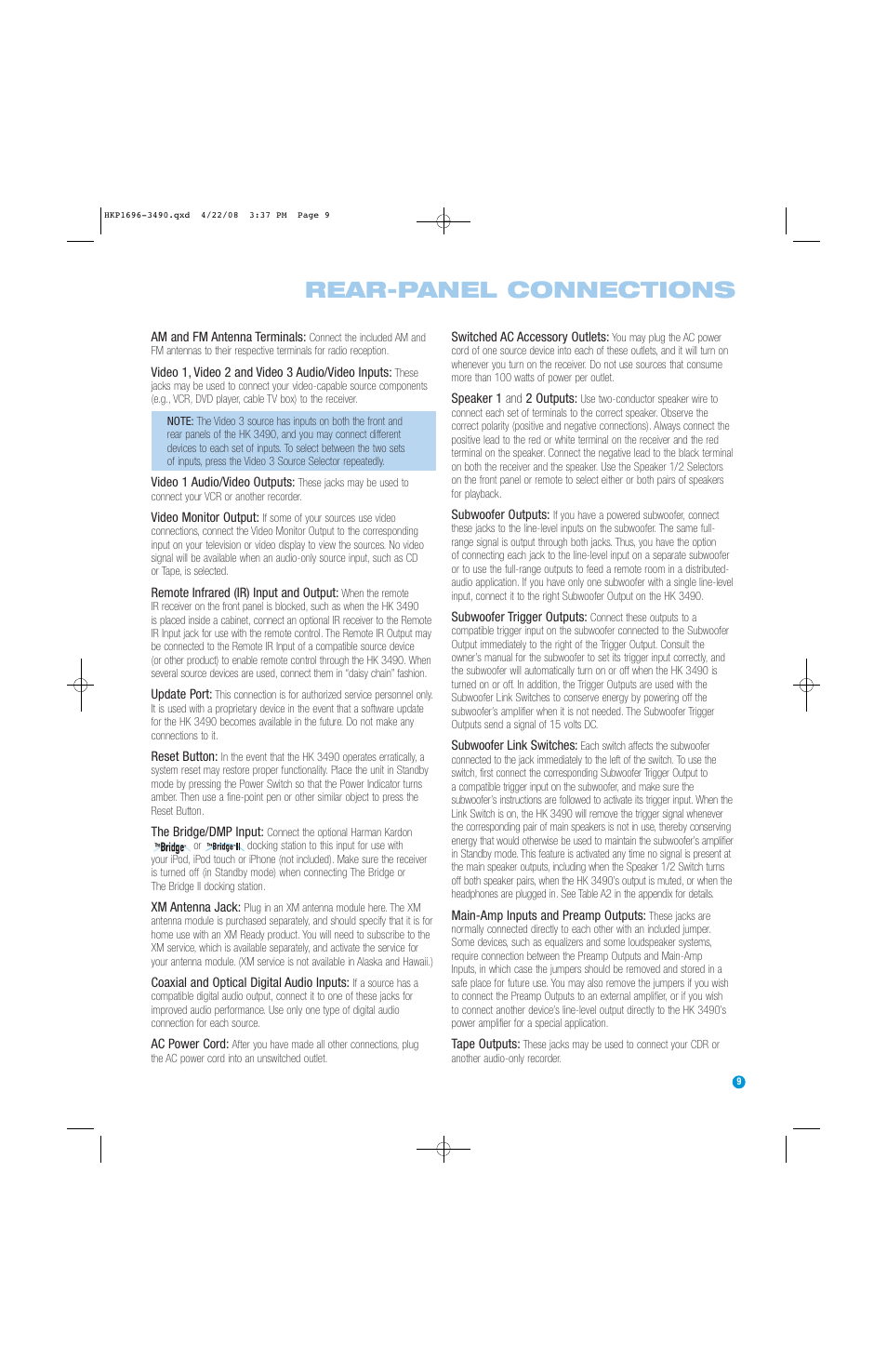 Rear-panel connections | Harman-Kardon HK3490 User Manual | Page 9 / 32