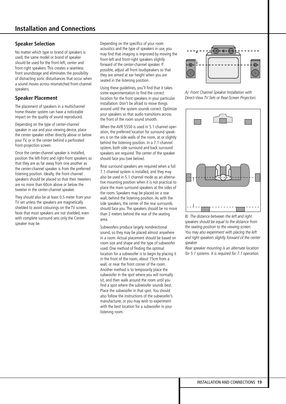 Installation and connections, Speaker selection, Speaker placement | Harman-Kardon AVR 5550 User Manual | Page 19 / 52