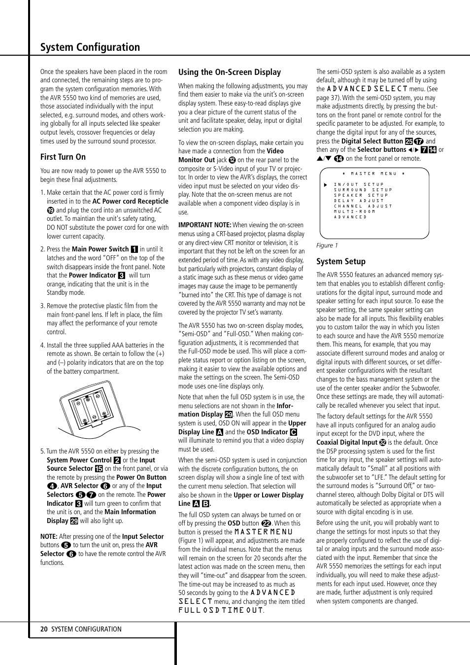 System configuration, First turn on, Using the on-screen display | System setup | Harman-Kardon AVR 5550 User Manual | Page 20 / 52