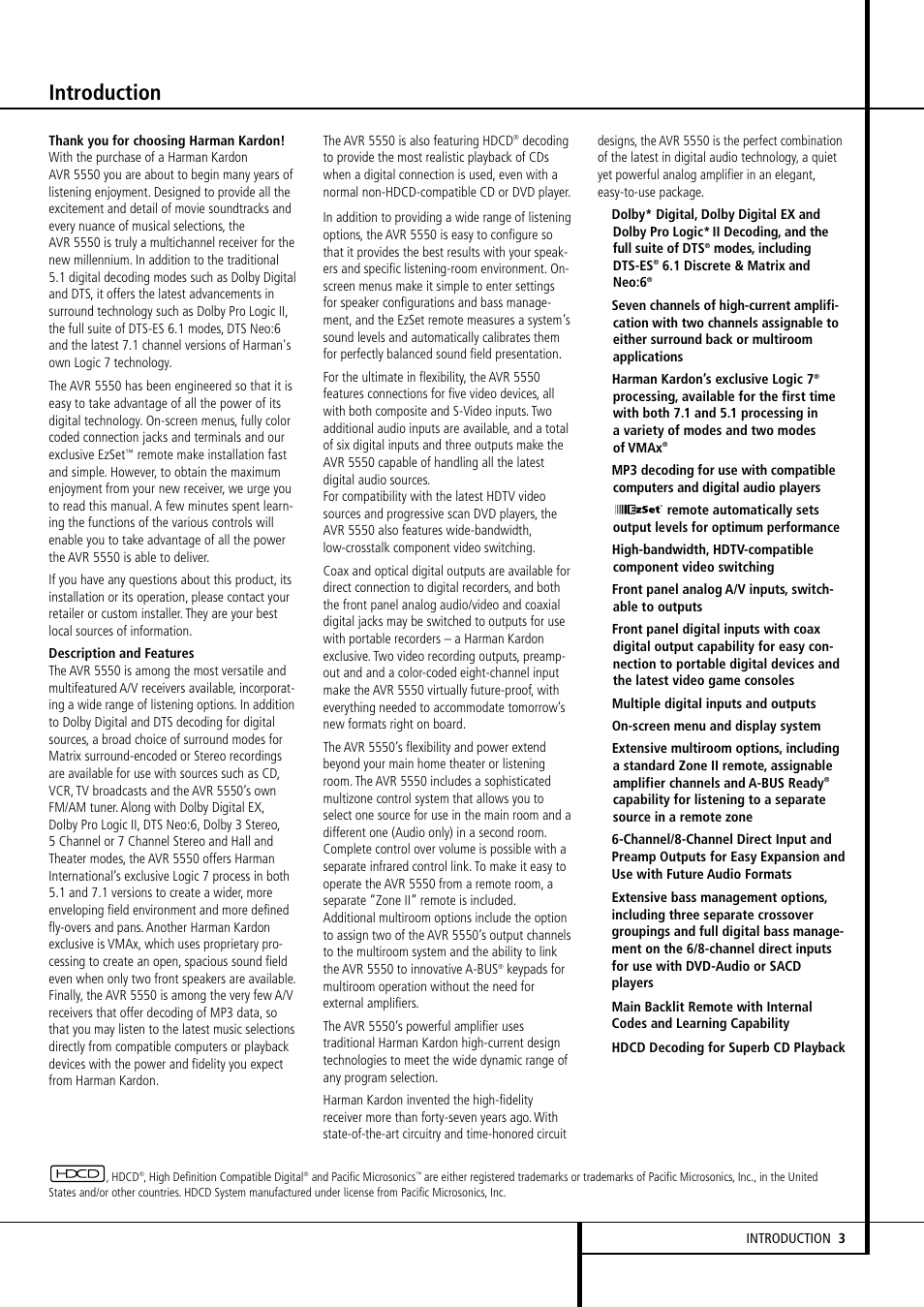 Introduction | Harman-Kardon AVR 5550 User Manual | Page 3 / 52