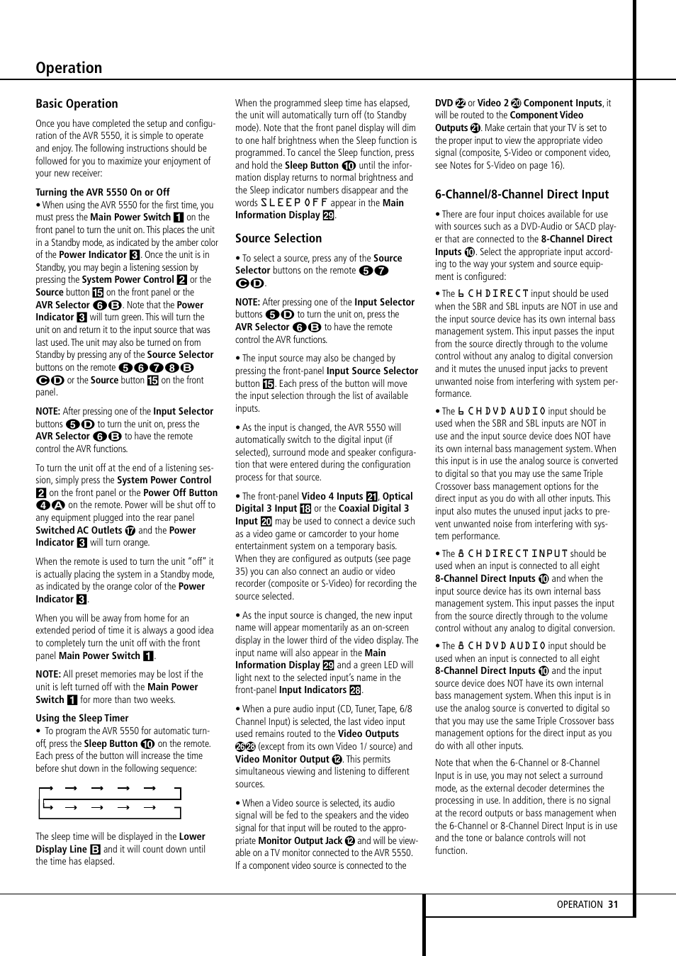 Operation, Basic operation, Source selection | Channel/8-channel direct input | Harman-Kardon AVR 5550 User Manual | Page 31 / 52