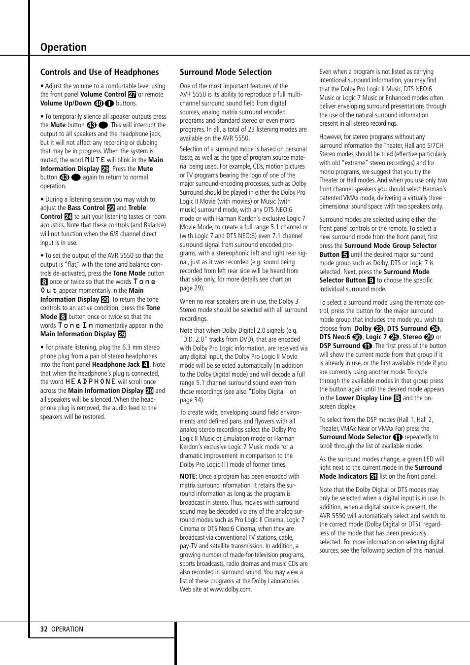 Operation | Harman-Kardon AVR 5550 User Manual | Page 32 / 52