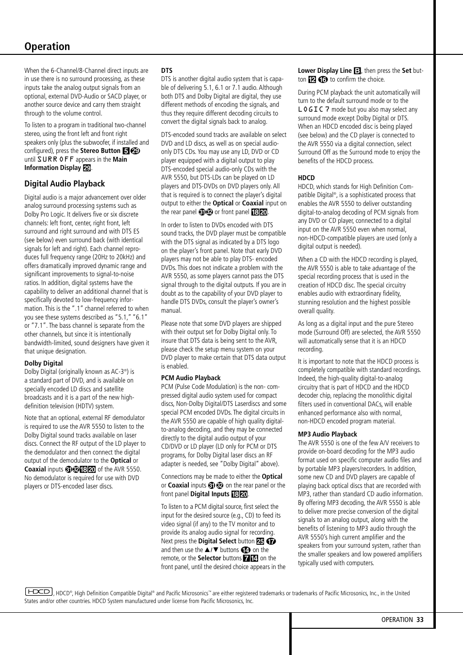 Operation, Digital audio playback | Harman-Kardon AVR 5550 User Manual | Page 33 / 52