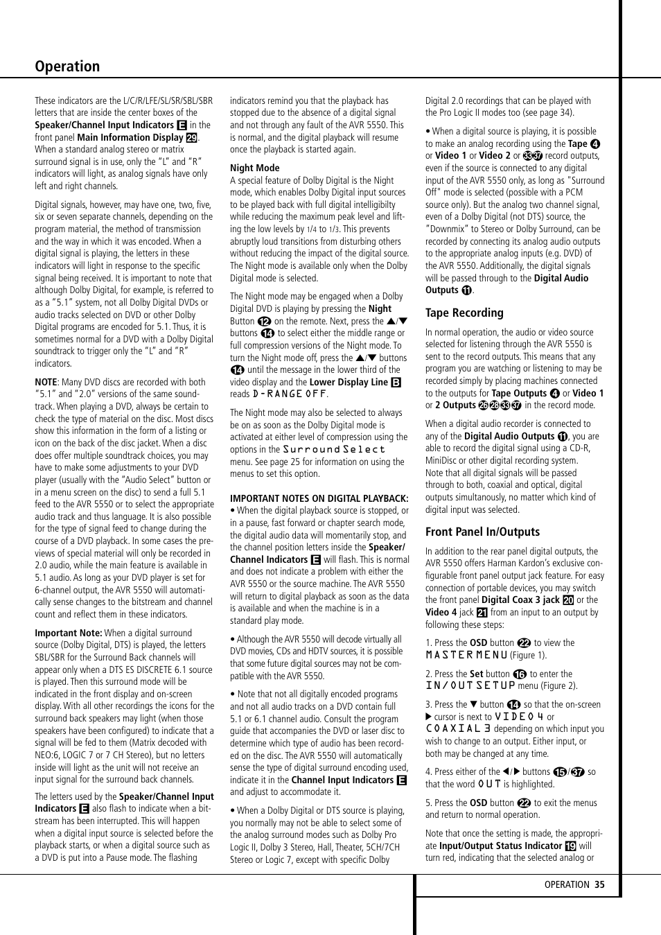 Operation, Tape recording, Front panel in/outputs | Harman-Kardon AVR 5550 User Manual | Page 35 / 52