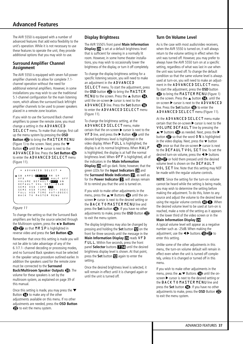 Advanced features, Surround amplifier channel assignment, Display brightness | Turn on volume level | Harman-Kardon AVR 5550 User Manual | Page 37 / 52
