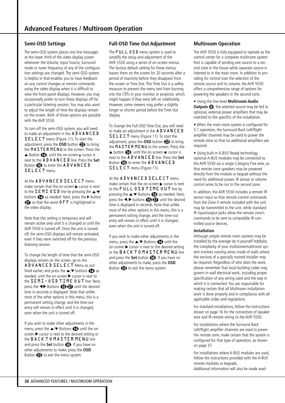 Advanced features / multiroom operation, Semi-osd settings, Full-osd time out adjustment | Multiroom operation | Harman-Kardon AVR 5550 User Manual | Page 38 / 52