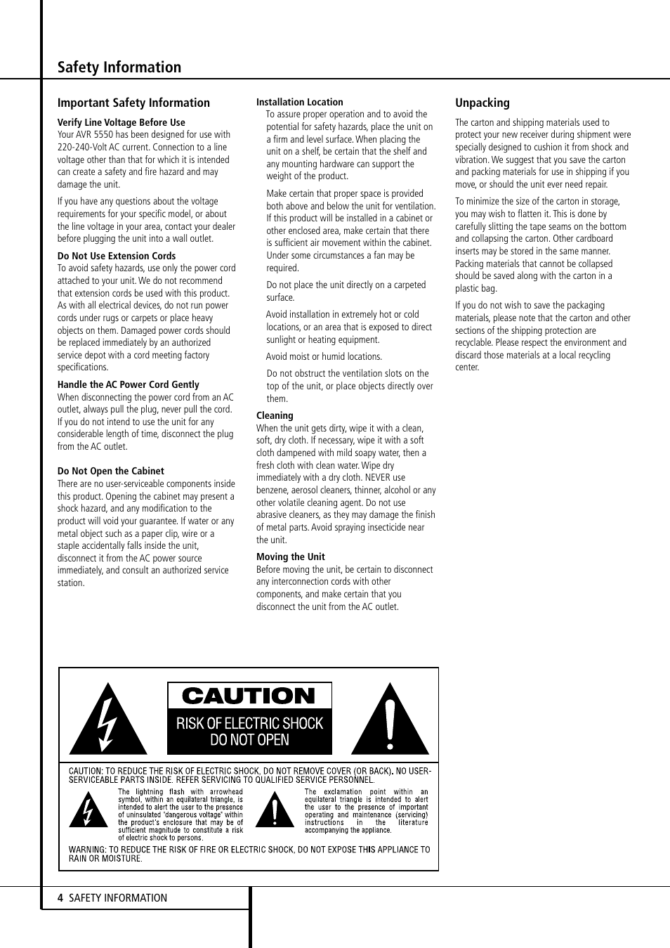 Safety information | Harman-Kardon AVR 5550 User Manual | Page 4 / 52