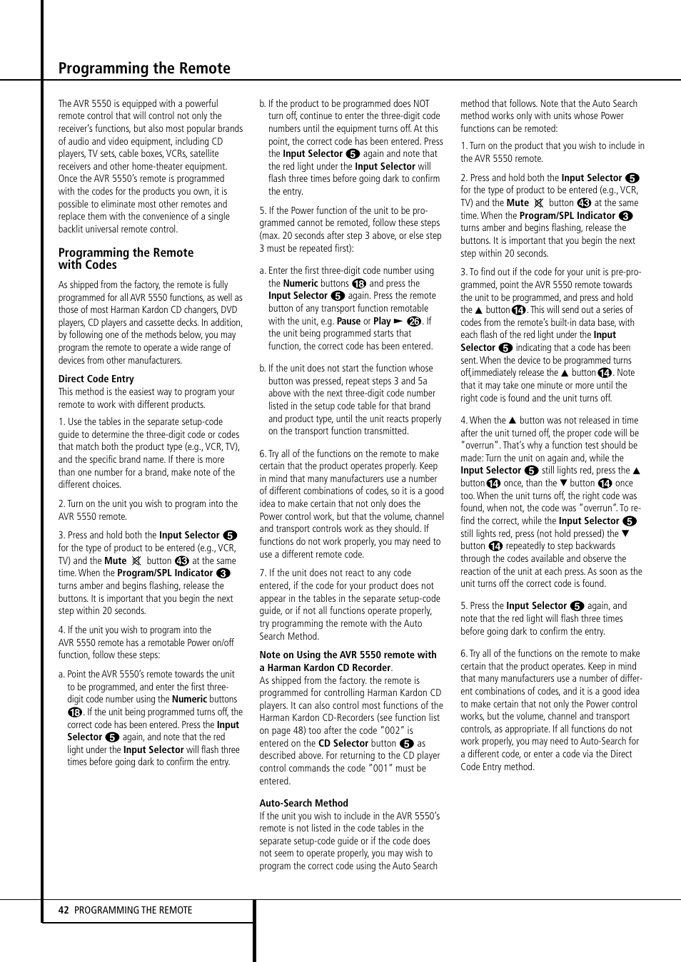 Programming the remote | Harman-Kardon AVR 5550 User Manual | Page 42 / 52