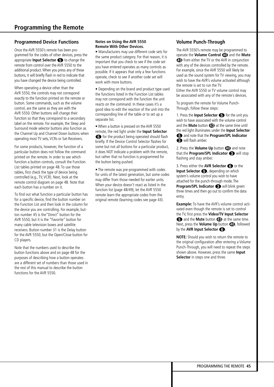 Programming the remote | Harman-Kardon AVR 5550 User Manual | Page 45 / 52