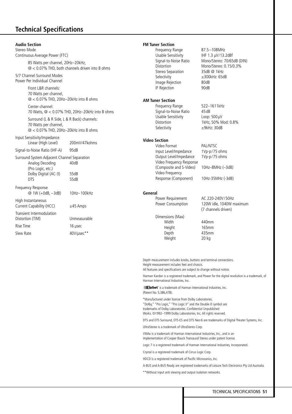 Technical specifications | Harman-Kardon AVR 5550 User Manual | Page 51 / 52