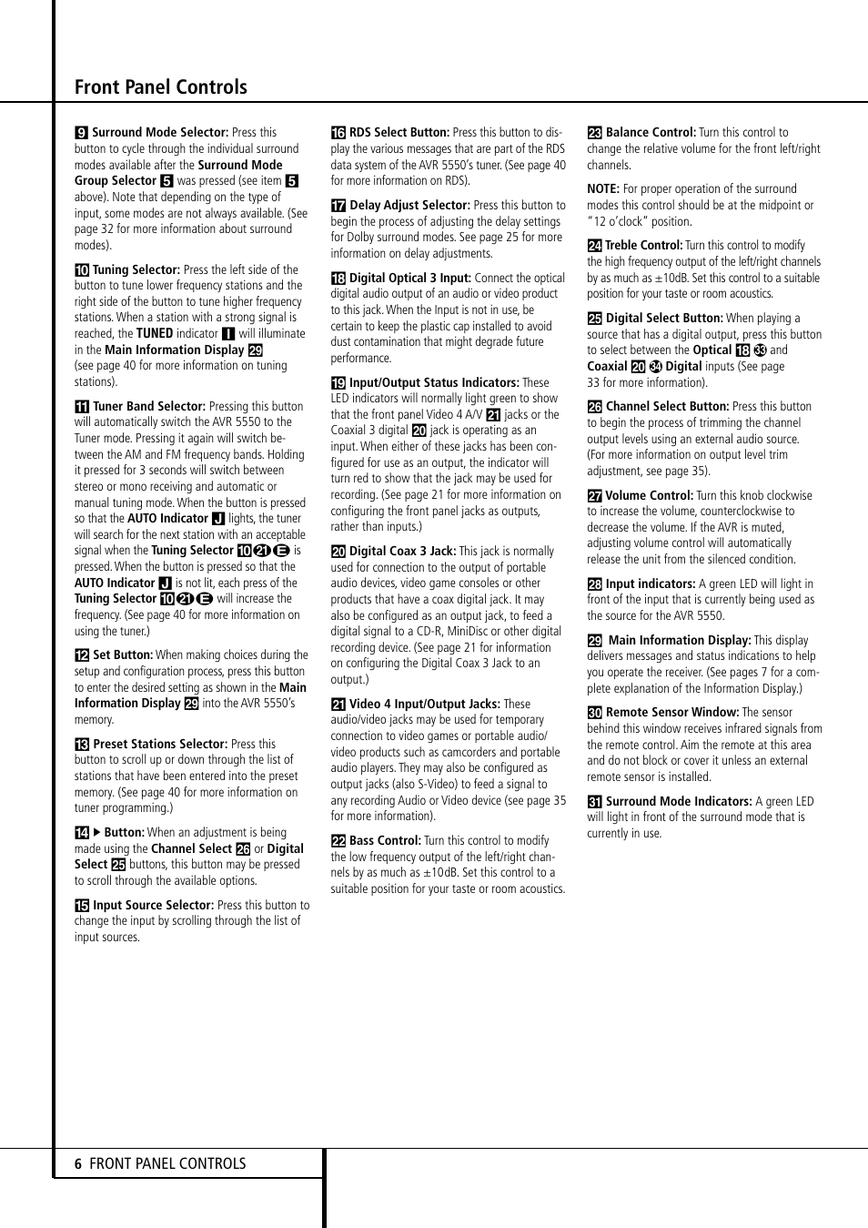 Front panel controls | Harman-Kardon AVR 5550 User Manual | Page 6 / 52