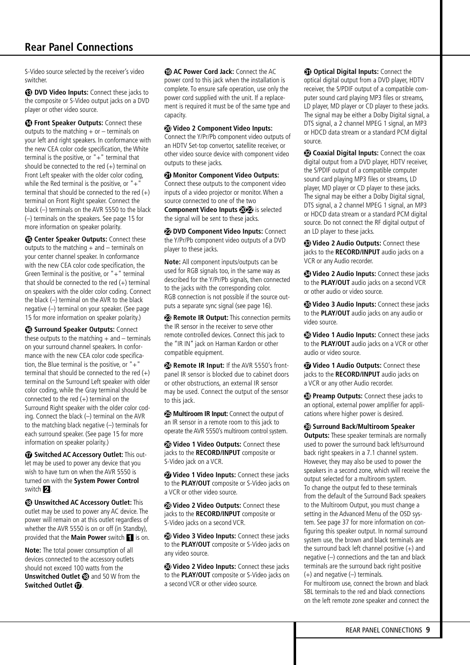 Rear panel connections | Harman-Kardon AVR 5550 User Manual | Page 9 / 52