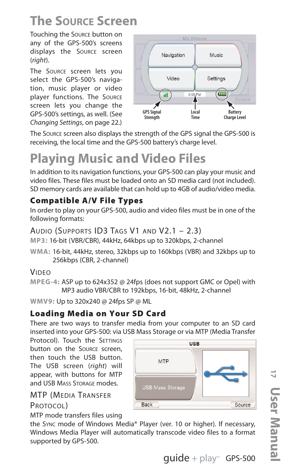 The s, Screen, Playing music and video files | User manual, Ed i u g, Ource, Y a l p, Id3 t, V2.1 – 2.3), Mtp (m | Harman-Kardon GPS-500 WE User Manual | Page 17 / 28