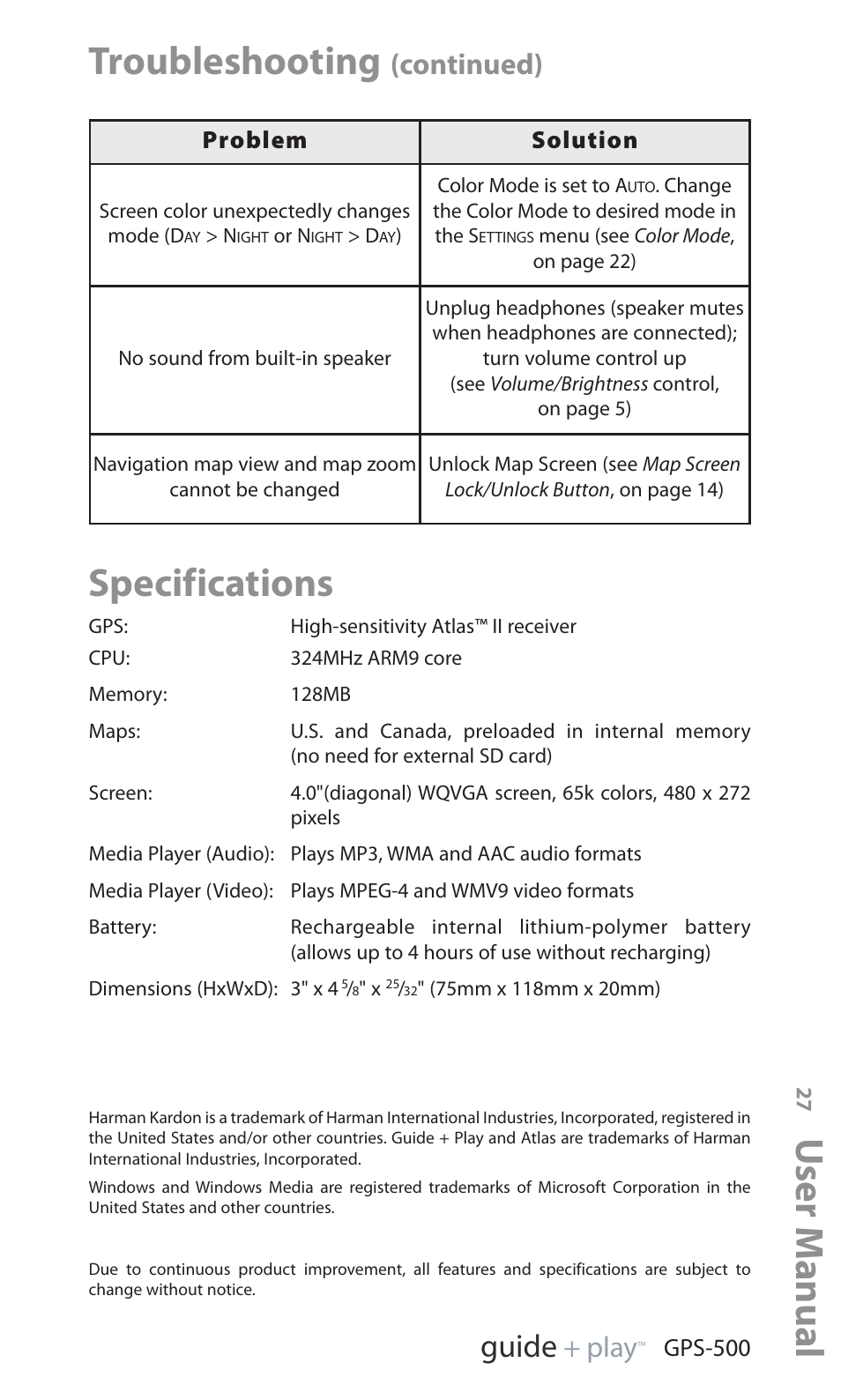 Troubleshooting, Specifications, User manual | Ed i u g, Continued), Y a l p | Harman-Kardon GPS-500 WE User Manual | Page 27 / 28