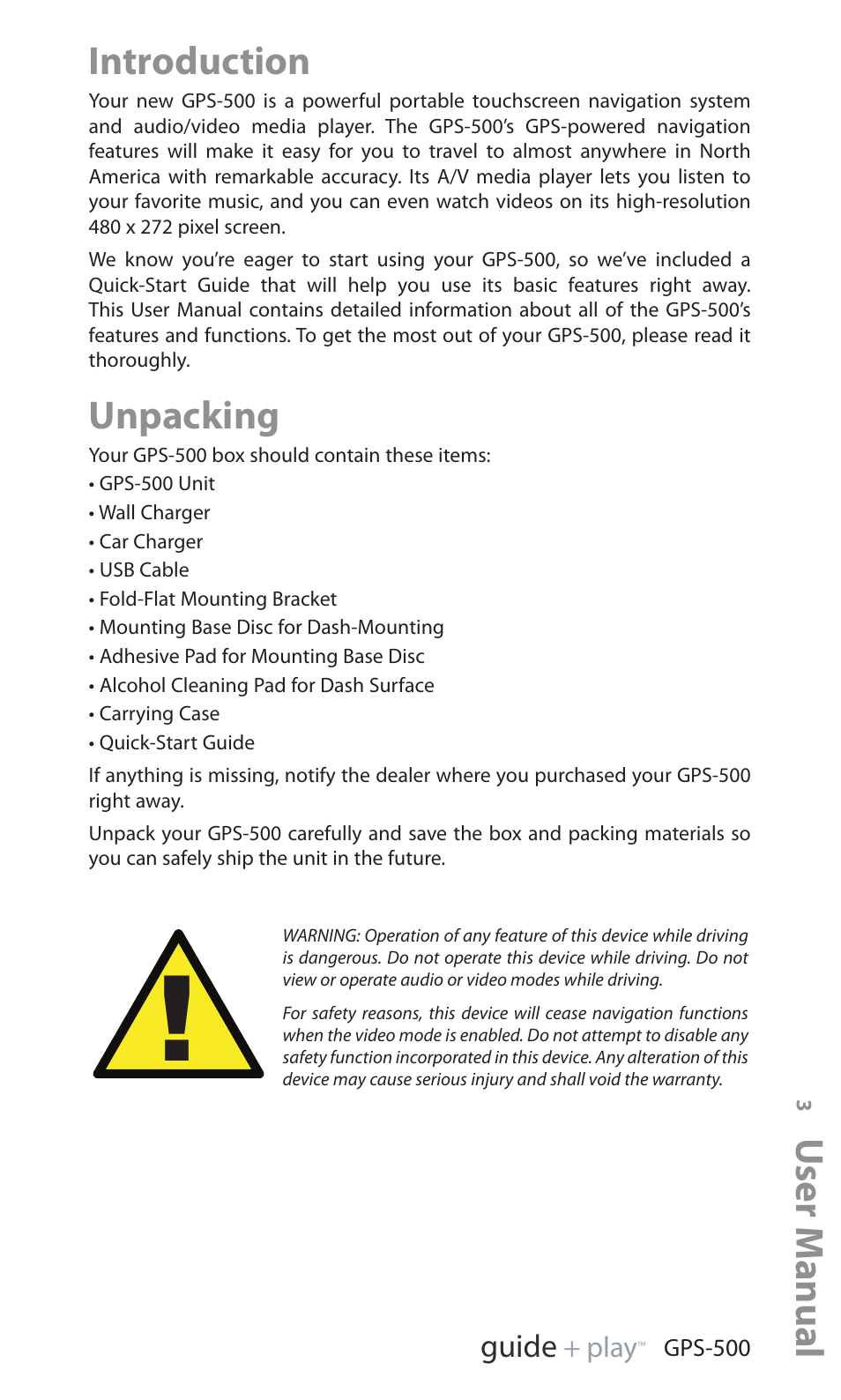 Introduction, Unpacking, User manual | Ed i u g | Harman-Kardon GPS-500 WE User Manual | Page 3 / 28