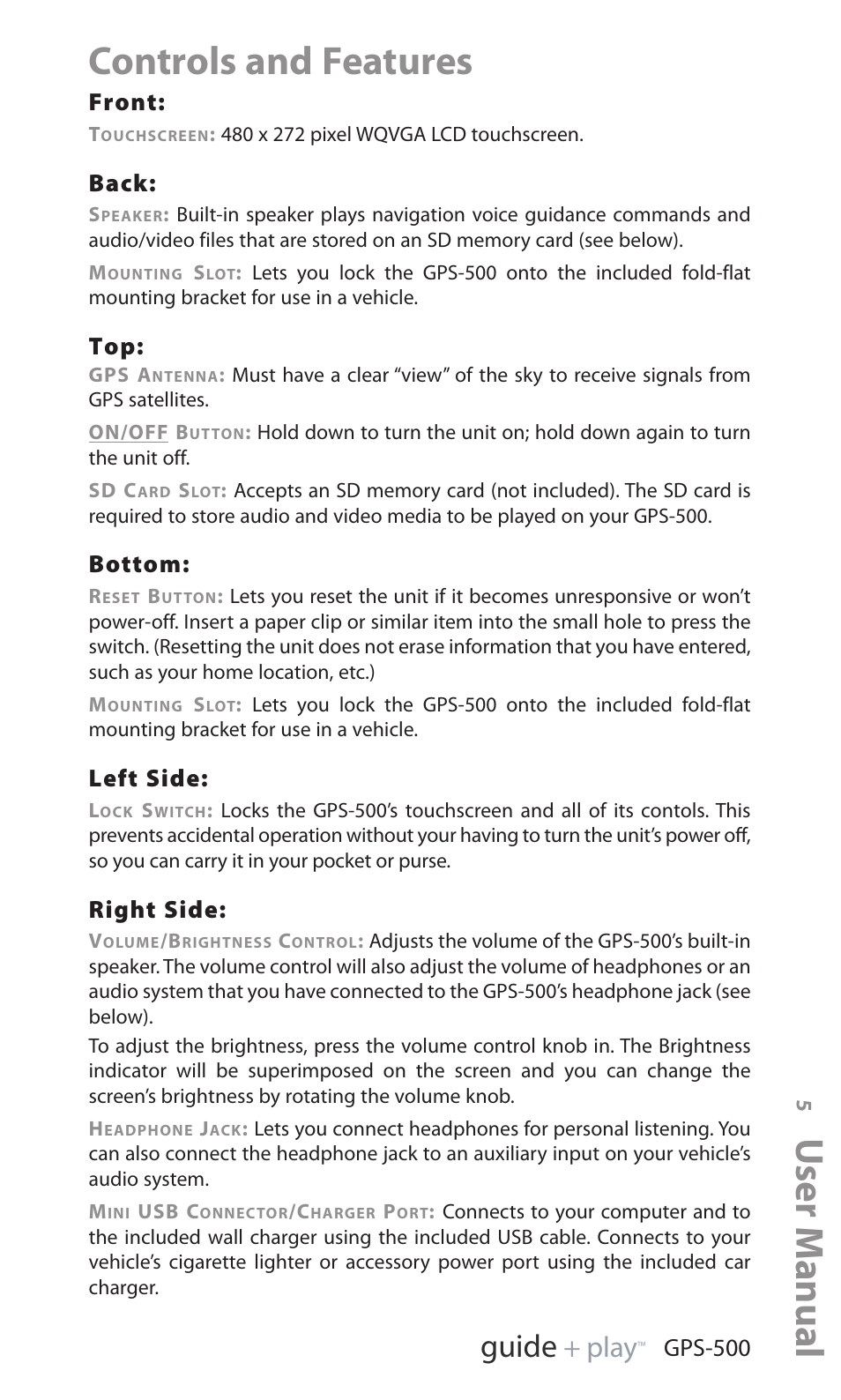 Controls and features, User manual, Ed i u g | Y a l p | Harman-Kardon GPS-500 WE User Manual | Page 5 / 28