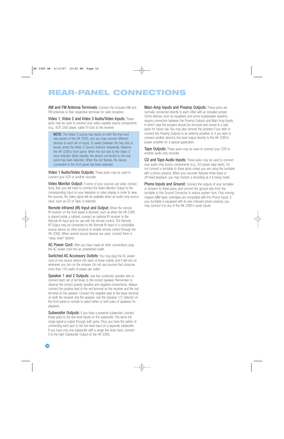 Rear-panel connections | Harman-Kardon HK 3385 User Manual | Page 10 / 28