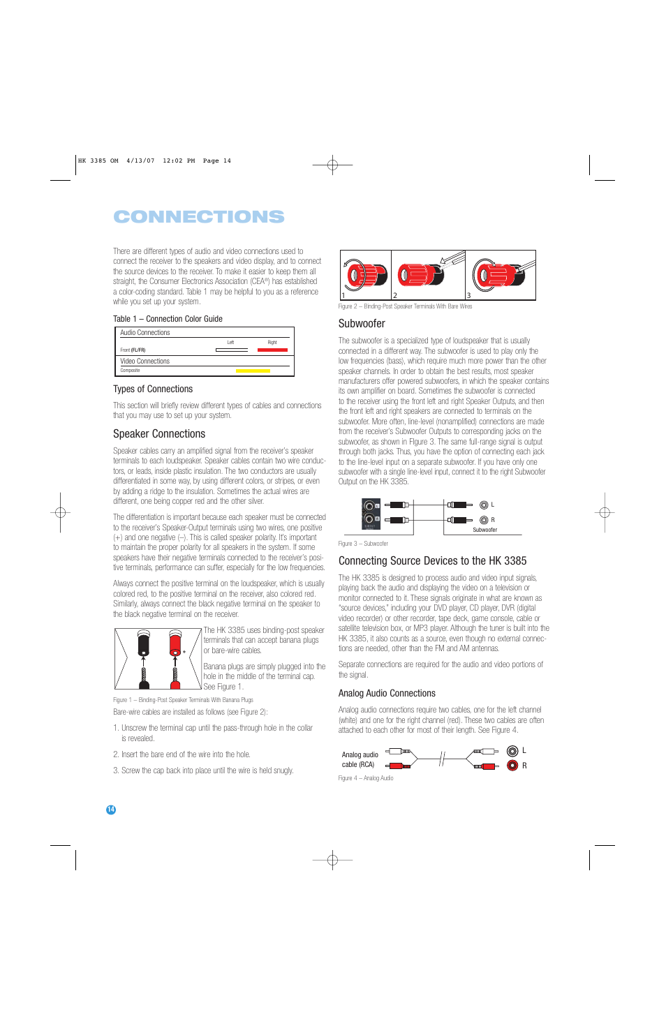 Connections, Speaker connections, Subwoofer | Connecting source devices to the hk 3385 | Harman-Kardon HK 3385 User Manual | Page 14 / 28