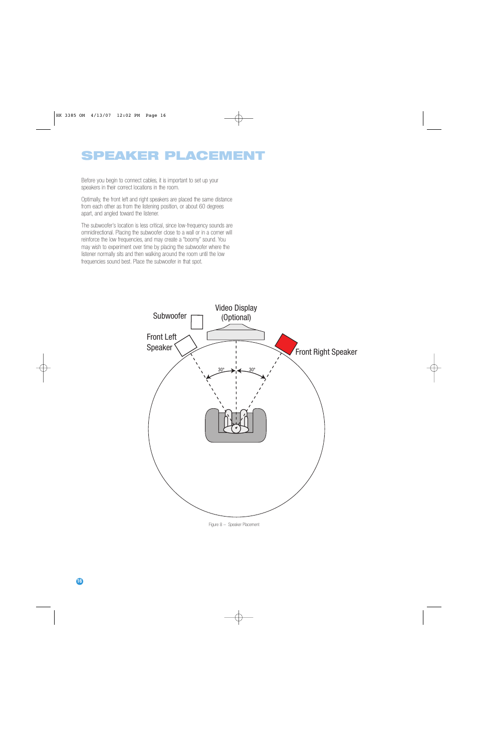Speaker placement | Harman-Kardon HK 3385 User Manual | Page 16 / 28