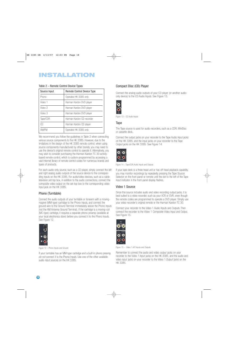 Installation | Harman-Kardon HK 3385 User Manual | Page 18 / 28