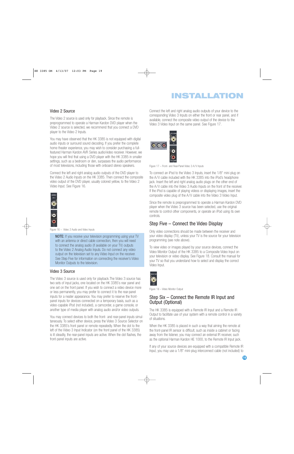 Installation, Step five – connect the video display | Harman-Kardon HK 3385 User Manual | Page 19 / 28