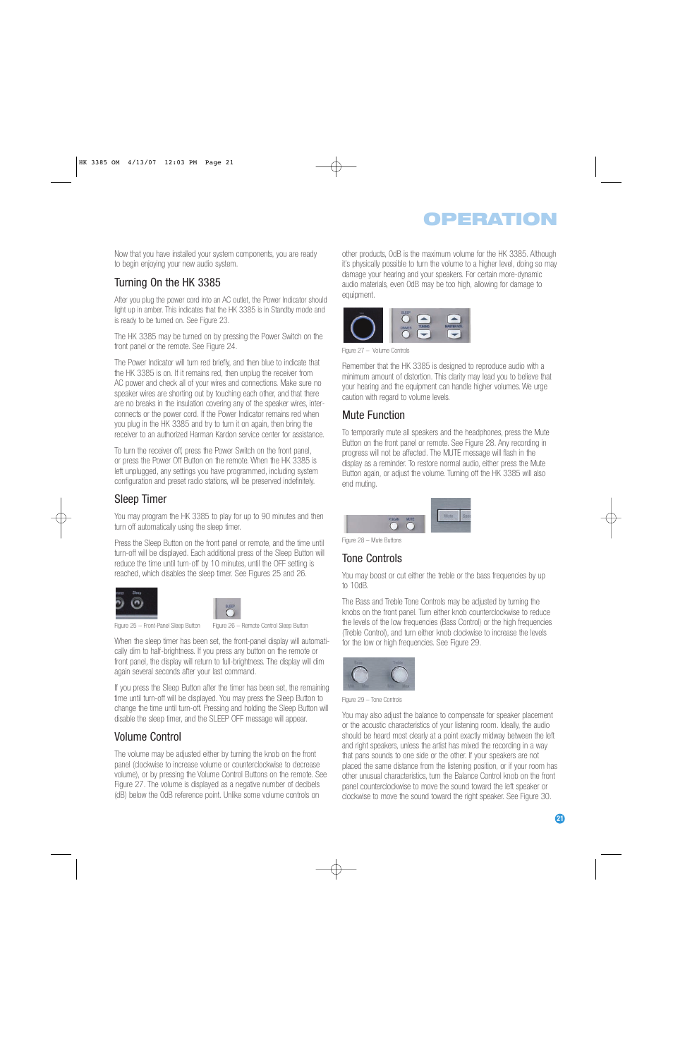 Operation, Turning on the hk 3385, Sleep timer | Volume control, Mute function, Tone controls | Harman-Kardon HK 3385 User Manual | Page 21 / 28