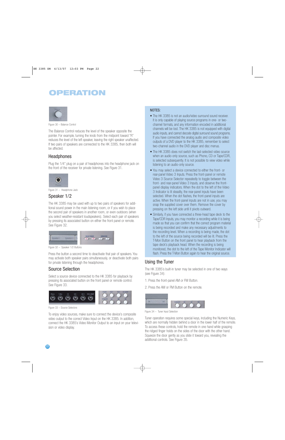 Operation, Headphones, Speaker 1/2 | Source selection, Using the tuner | Harman-Kardon HK 3385 User Manual | Page 22 / 28