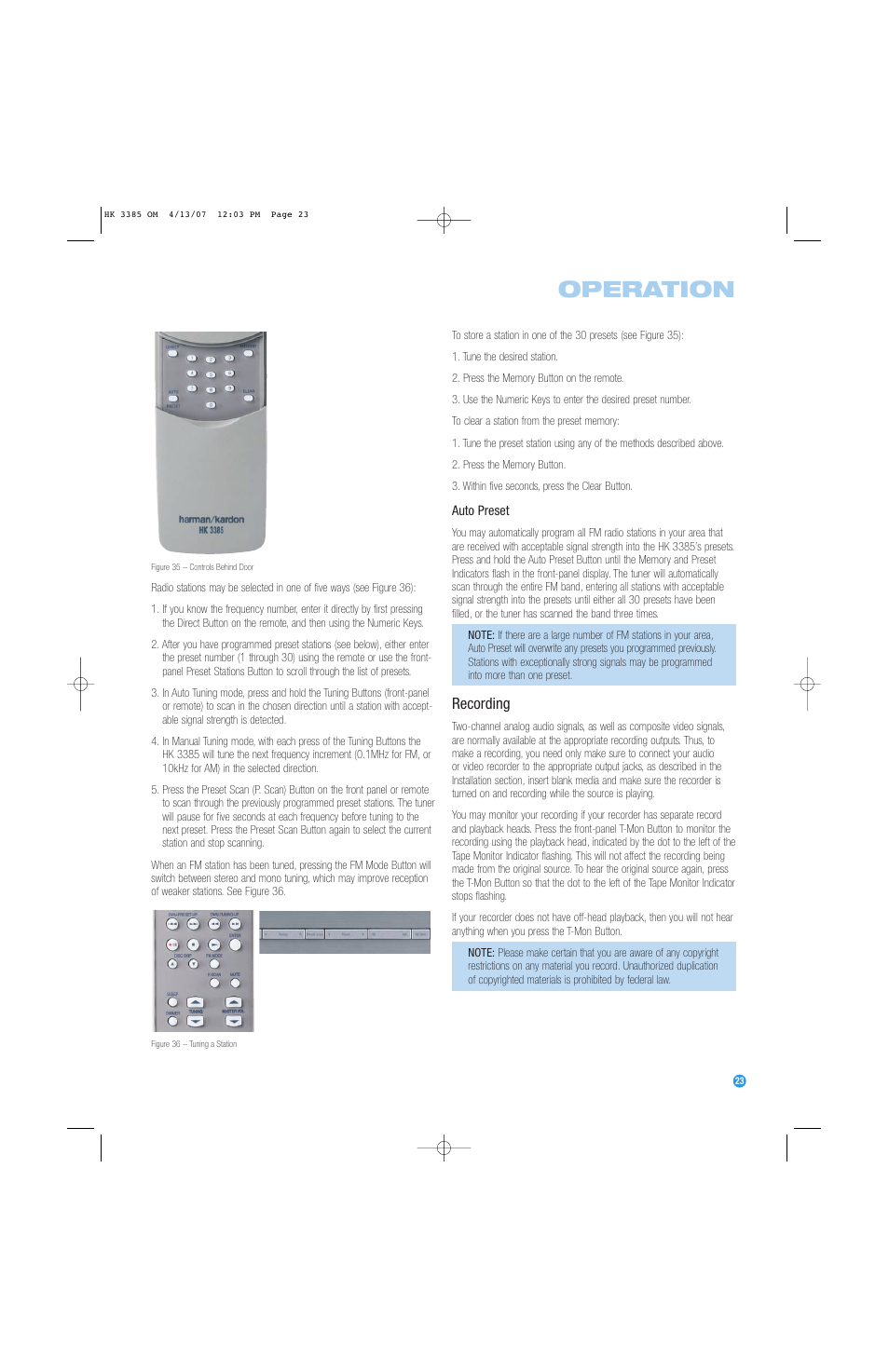 Operation, Recording | Harman-Kardon HK 3385 User Manual | Page 23 / 28