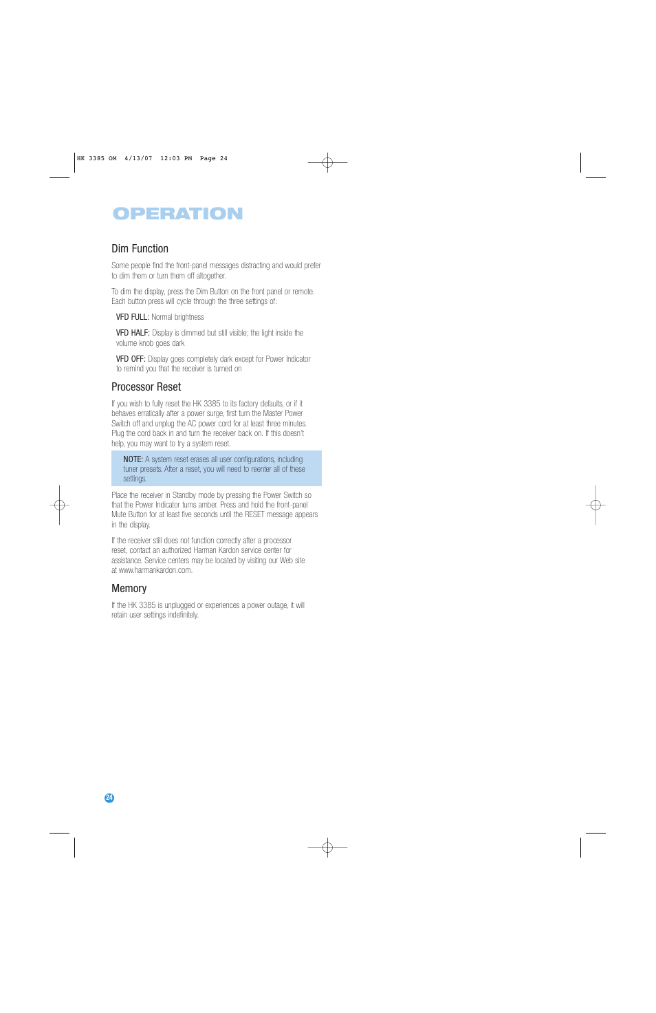 Operation | Harman-Kardon HK 3385 User Manual | Page 24 / 28