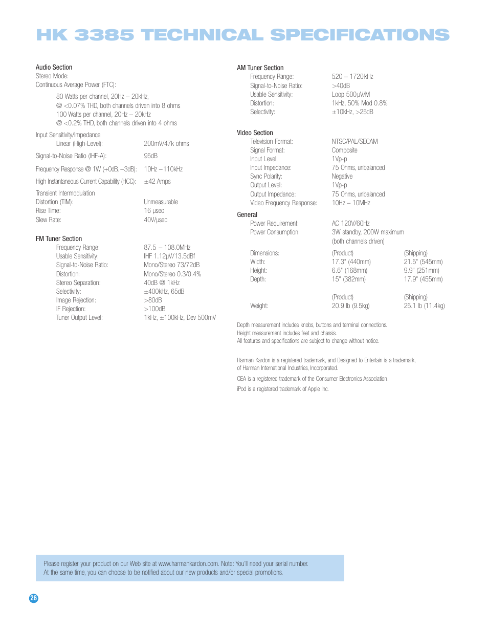 Hk 3385 technical specifications | Harman-Kardon HK 3385 User Manual | Page 26 / 28
