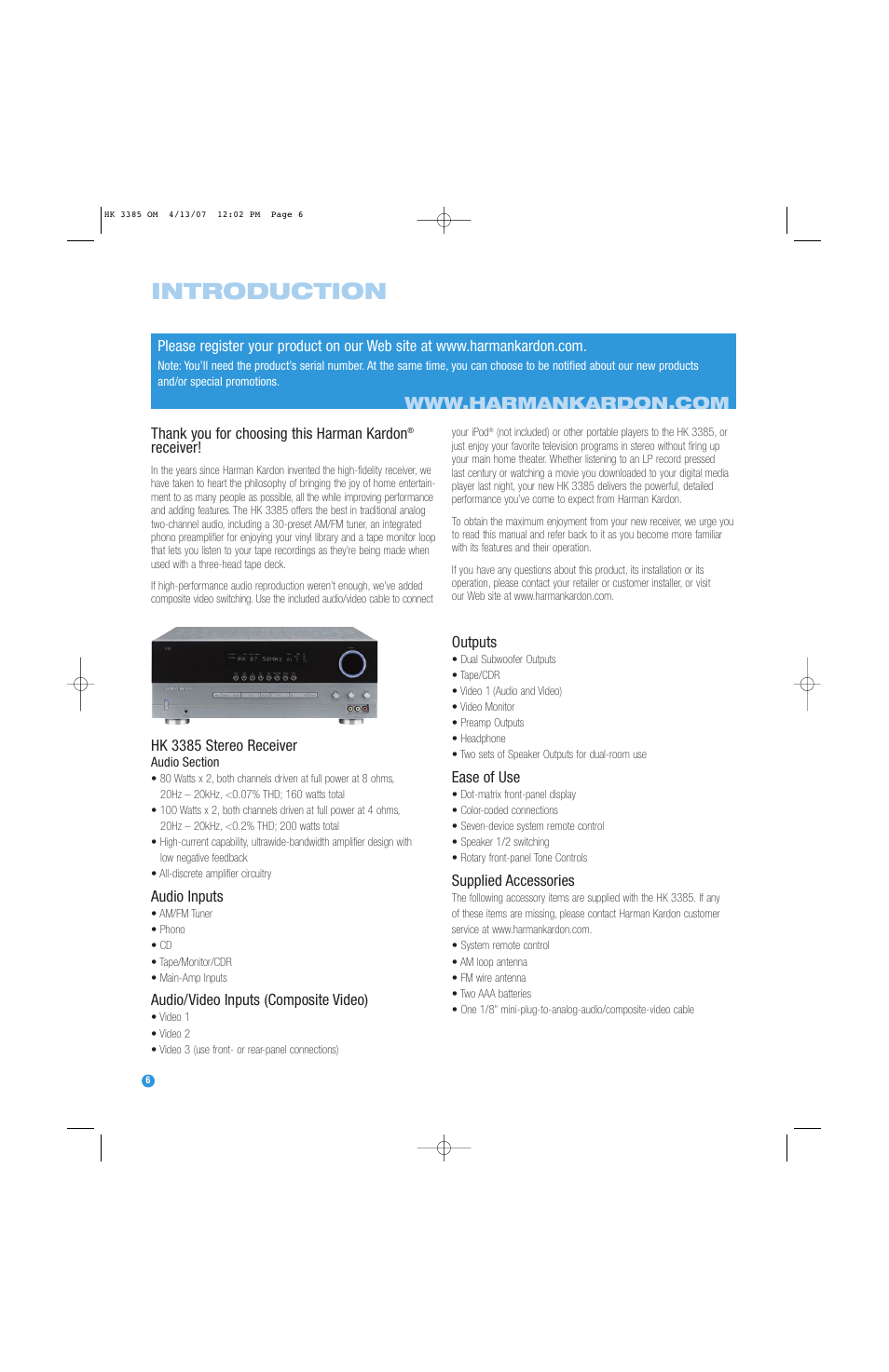 Introduction | Harman-Kardon HK 3385 User Manual | Page 6 / 28