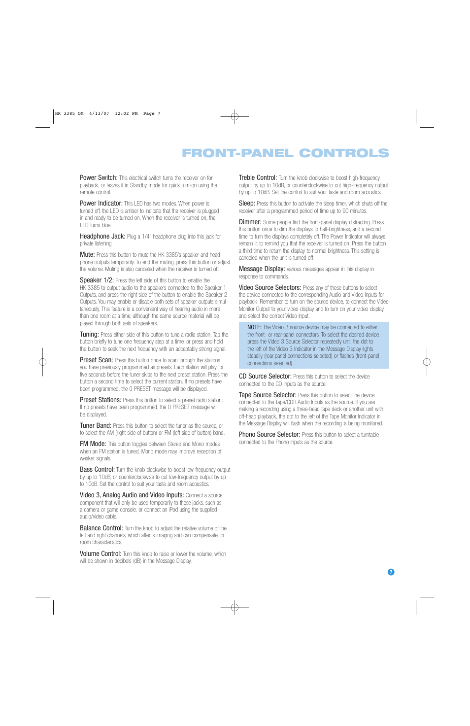 Front-panel controls | Harman-Kardon HK 3385 User Manual | Page 7 / 28