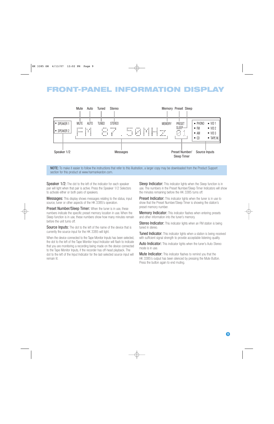 Front-panel information display | Harman-Kardon HK 3385 User Manual | Page 9 / 28