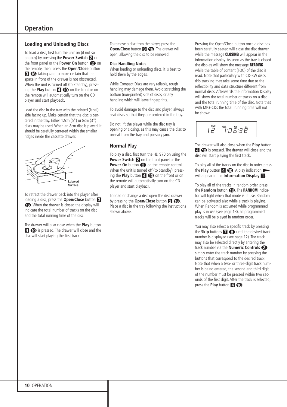 Operation, Loading and unloading discs, Normal play | Harman-Kardon HD 970 User Manual | Page 10 / 16