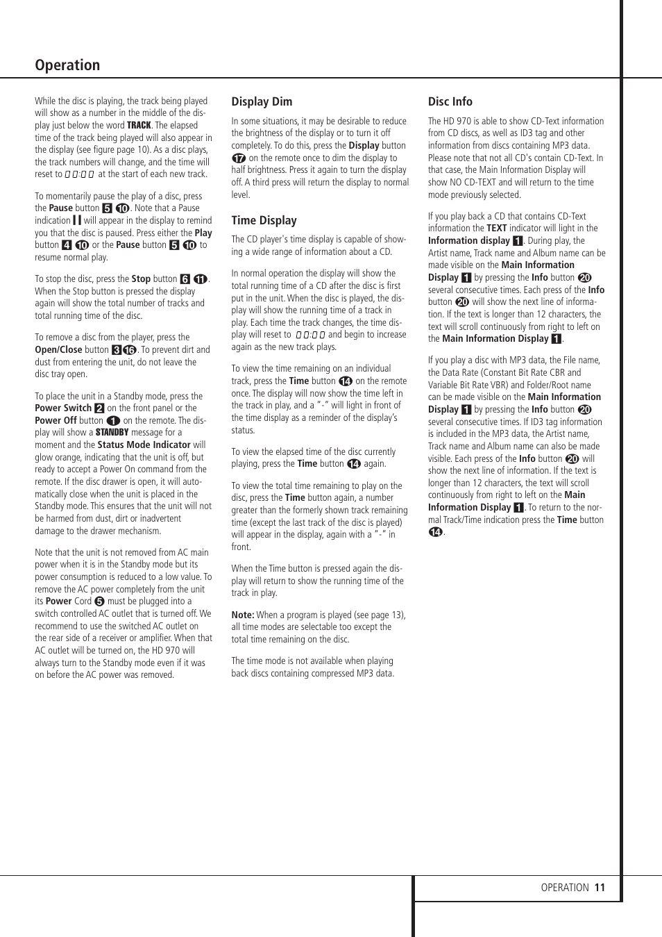 Operation | Harman-Kardon HD 970 User Manual | Page 11 / 16