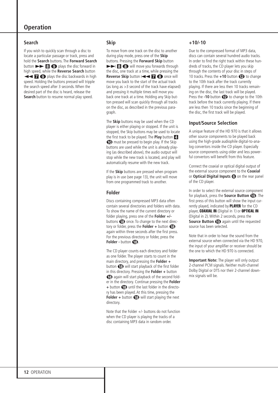 Operation | Harman-Kardon HD 970 User Manual | Page 12 / 16
