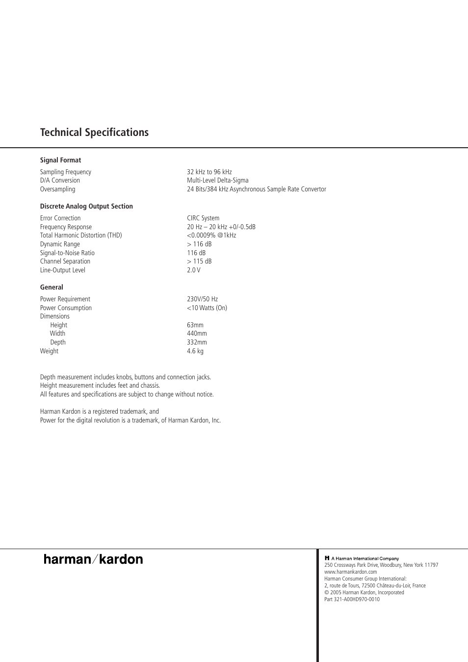 Technical specifications | Harman-Kardon HD 970 User Manual | Page 16 / 16